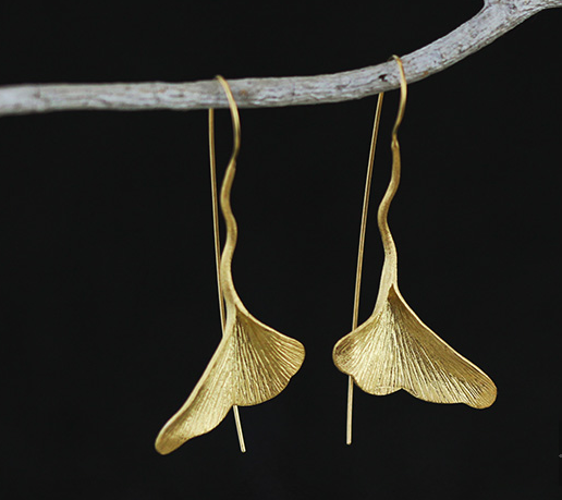 Retro Handmade Sterling Silver And Gold-Plated Ginkgo Biloba Earrings